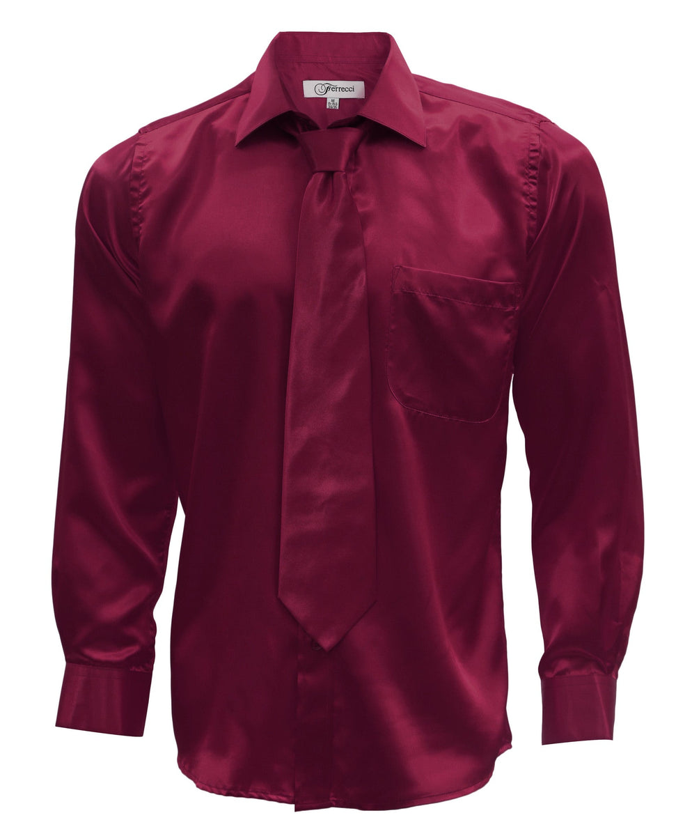Burgundy Satin Regular Fit French Cuff Dress Shirt, Tie & Hanky Set Burgundy Satin Regular Fit French Cuff Dress Shirt, Tie & Hanky Set