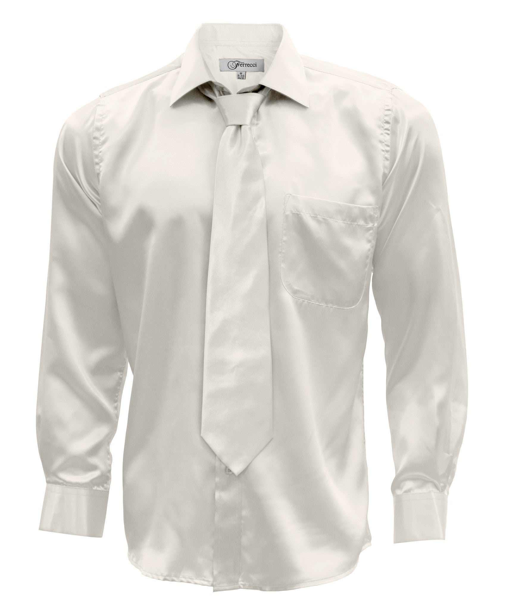 Off White Satin Regular Fit Dress Shirt, Tie & Hanky Set