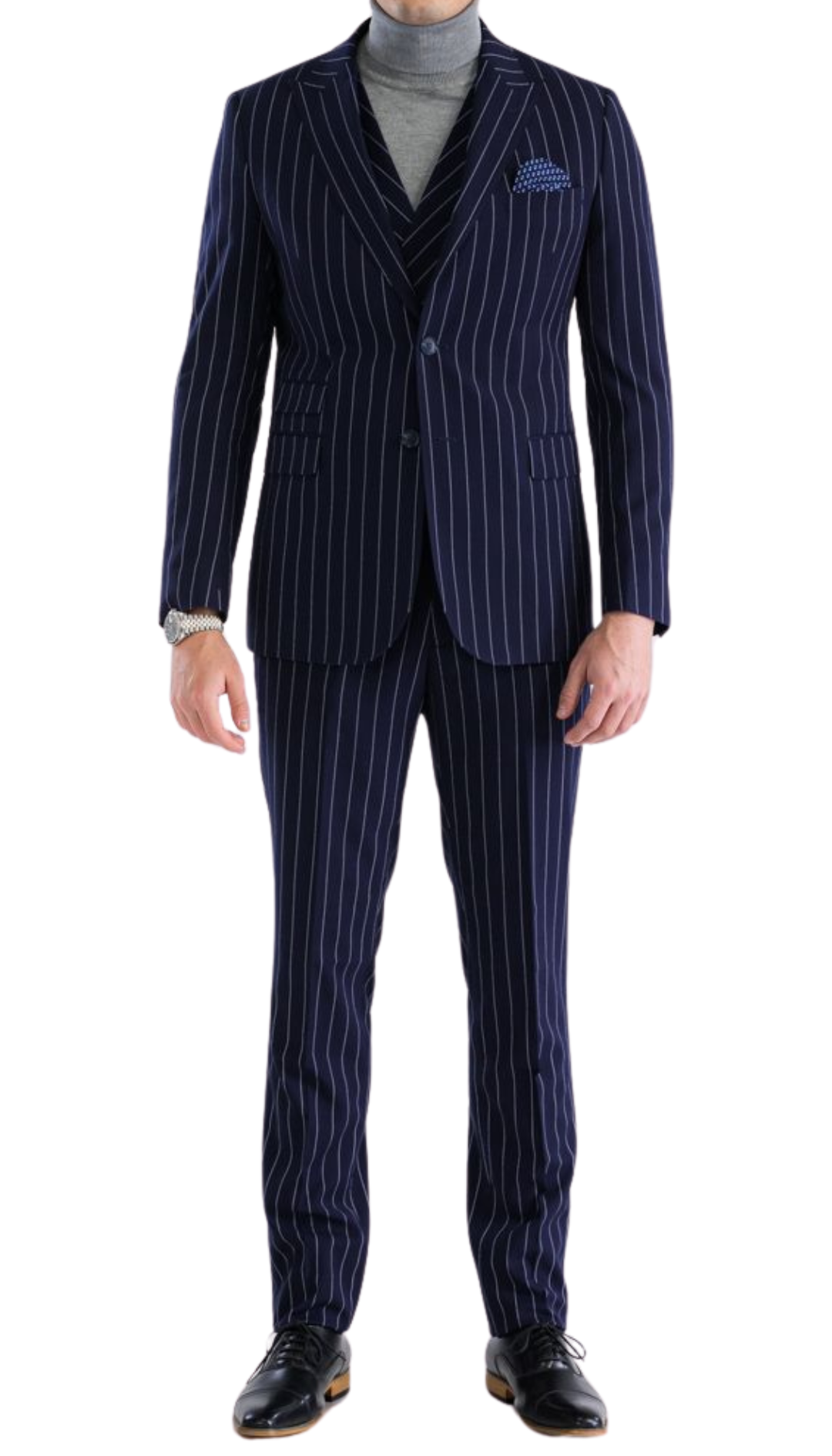 Bellagio Navy White Mens Button Slim Peak Lapel Suit With Pick
