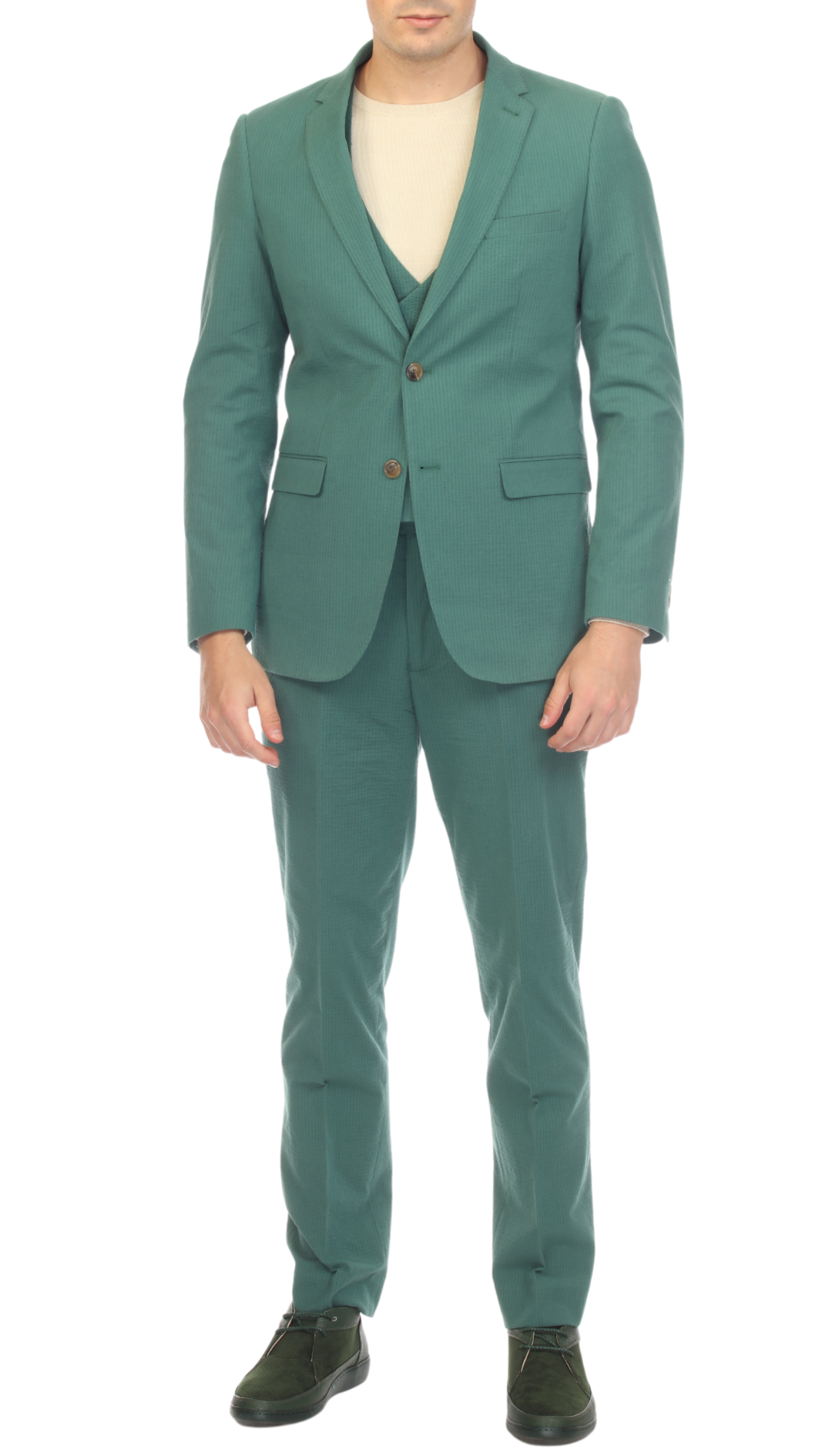 Men's Slim Fit Two Button Hunter Green 2 Button Notch Lapel Seersucker Suit