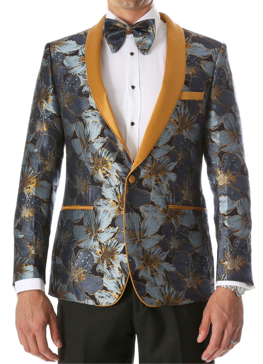 Men's Blue Hugo Floral Modern Fit Shawl Collar Tuxedo Blazer Men's Blue Hugo Floral Modern Fit Shawl Collar Tuxedo Blazer