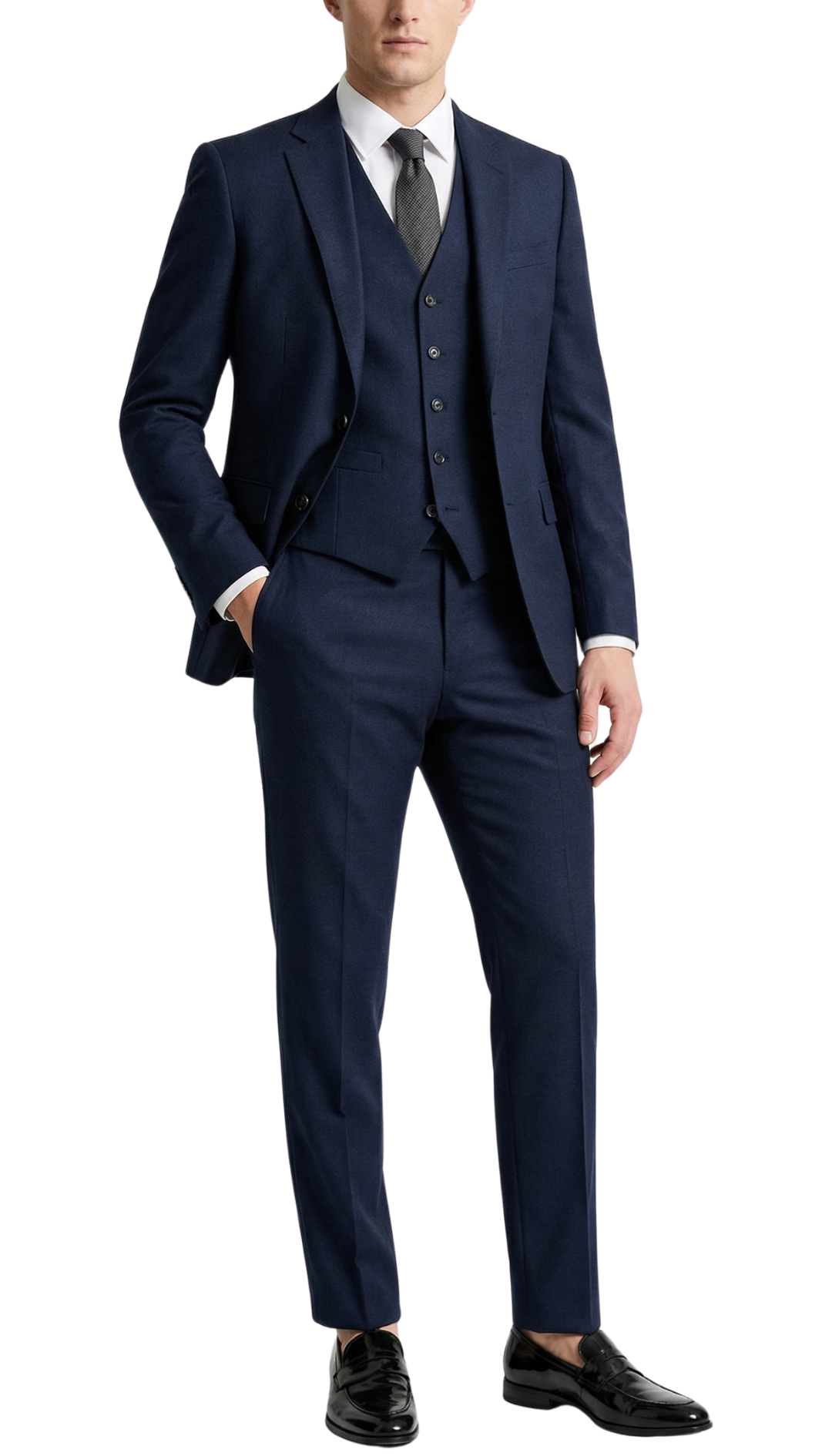 『TSJ SUITS 3P NAVY L』 JAX Men's Navy Blue 3-Piece Slim Fit Suit – 2-Button Notch Lapel