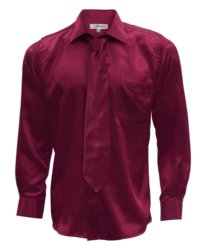 Burgundy Satin Regular Fit French Cuff Dress Shirt, Tie & Hanky Set - Ferrecci USA 