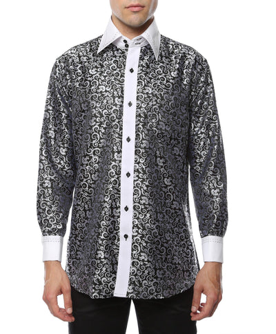 Ferrecci Men's Satine Hi-1006 Black & White Pattern Button Down Dress Shirt - Ferrecci USA 