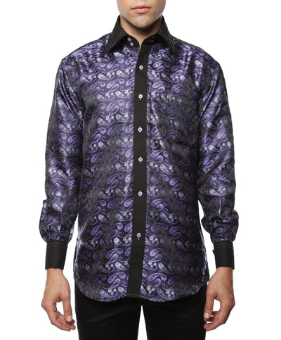 Ferrecci Men's Satine Hi-1013 Purple & Black Flower Button Down Dress Shirt - Ferrecci USA 