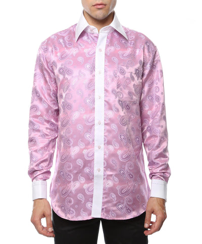 Ferrecci Men's Satine Hi-1030 Pink Paisley Pattern Button Down Dress Shirt - Ferrecci USA 
