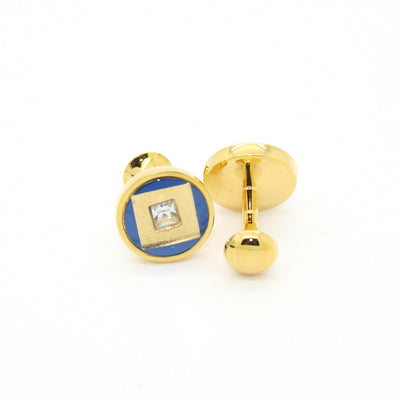Goldtone Blue Center Glass Stone Cuff Links With Jewelry Box - Ferrecci USA 
