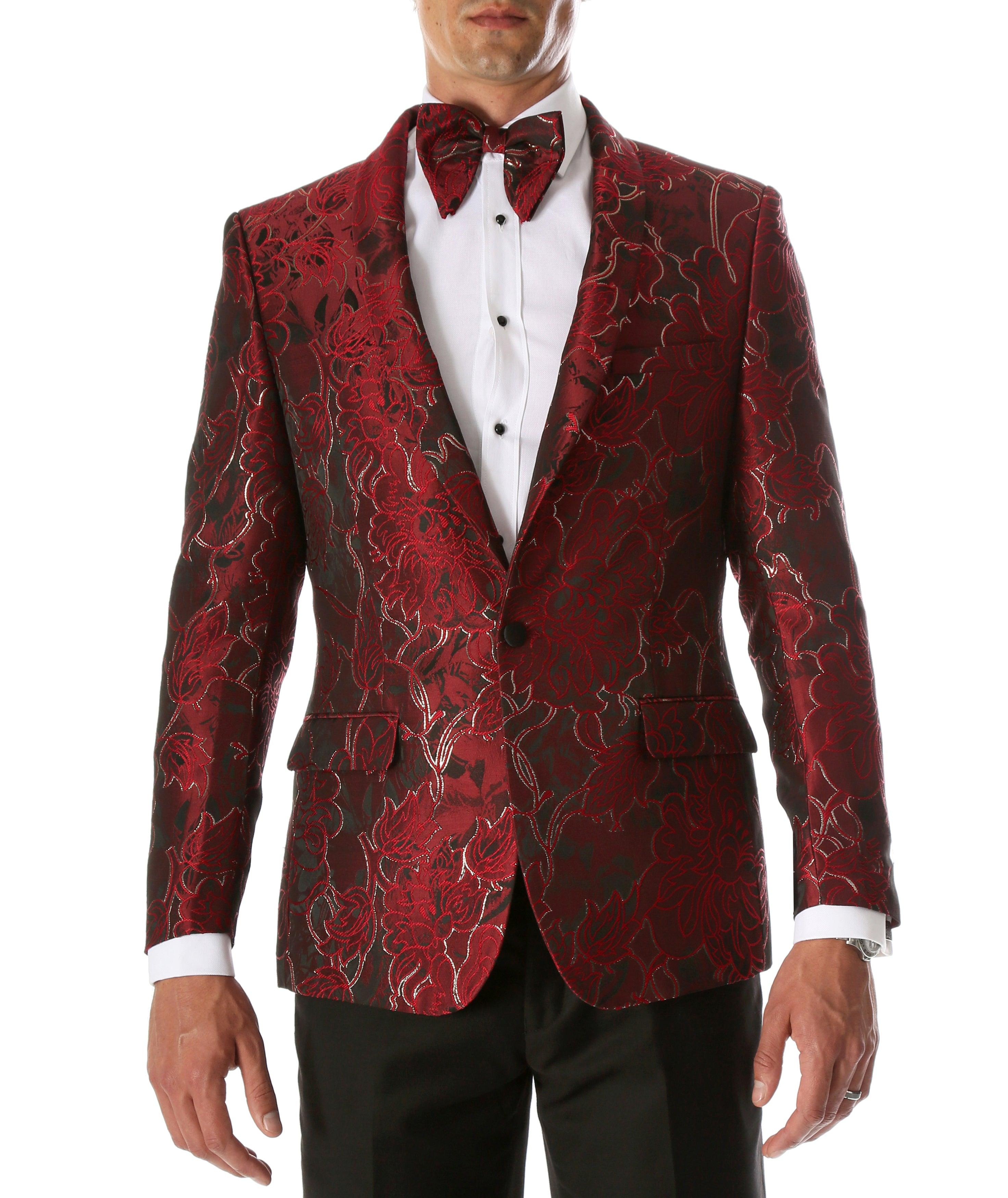 Men's Romi Red Floral Modern Fit Shawl Collar Tuxedo Blazer
