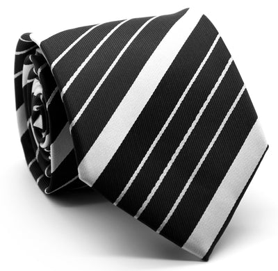 Mens Dads Classic Black Striped Pattern Business Casual Necktie & Hanky Set EO - Ferrecci USA 