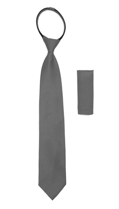 Satine Grey Zipper Tie with Hankie Set - Ferrecci USA 