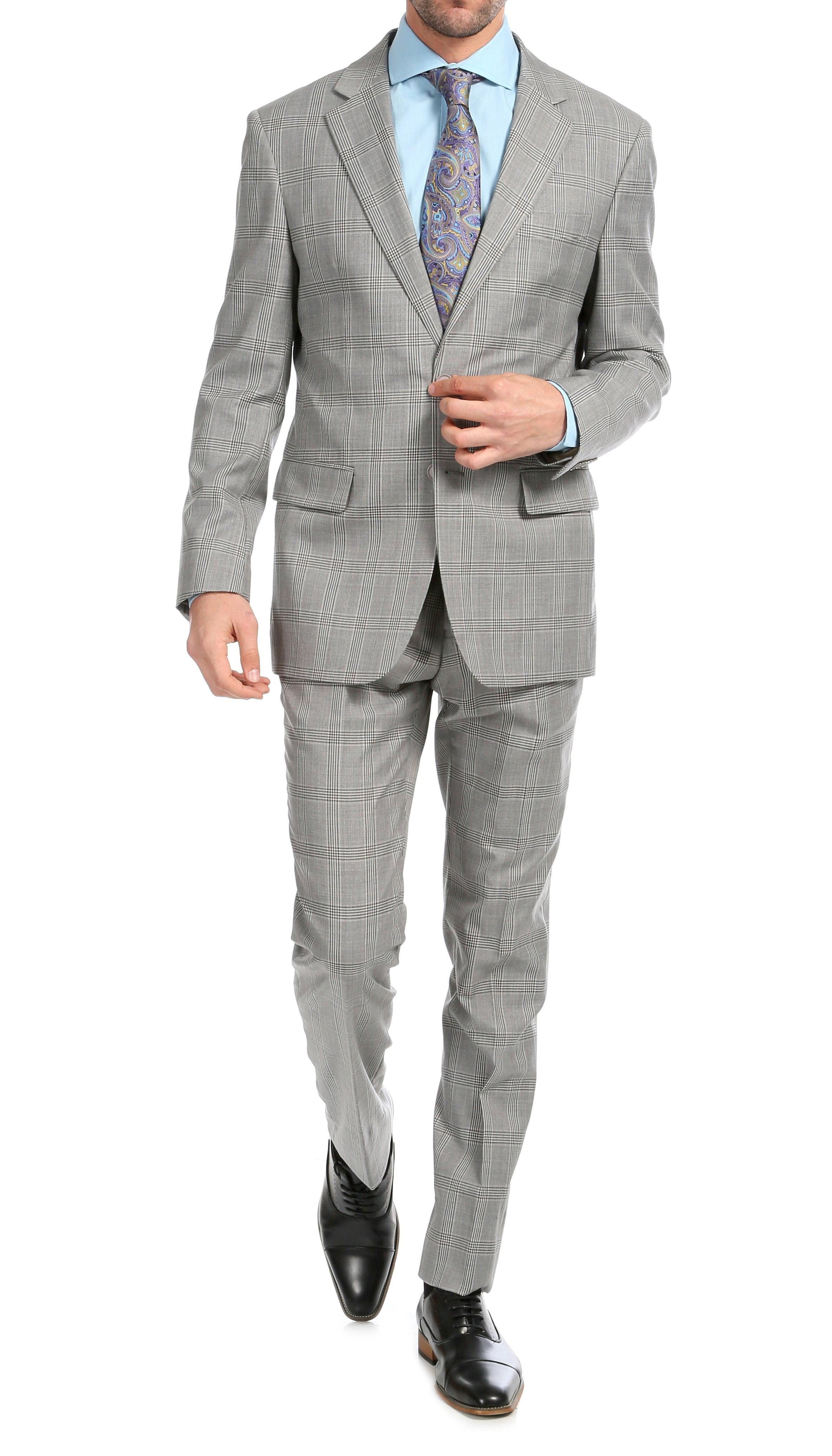 Yves Light Grey Plaid Check Men's Premium 2 Piece Wool Slim Yves Light Grey Plaid Check Men's Premium 2 Piece Wool Slim