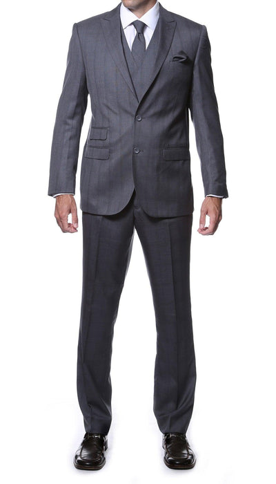 Zillo Grey Blue 3 Piece Vested Slim Fit Plaid Suit - Ferrecci USA 