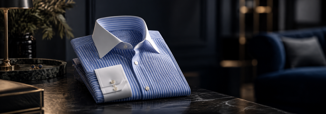 Blue striped banker shirt with white contrast collar and cuffs folded on a marble table - Ferrecci USA