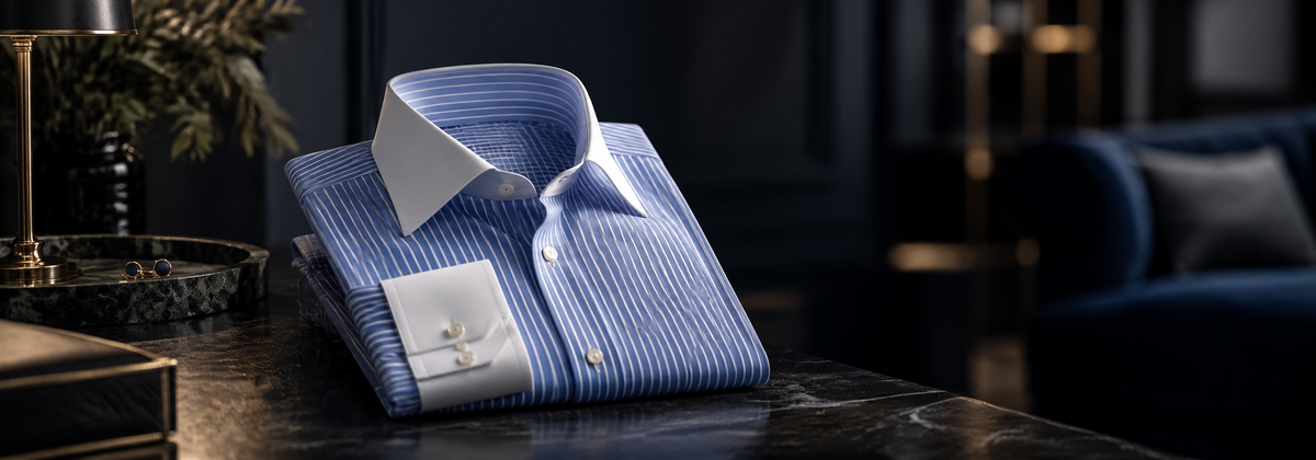 Blue striped banker shirt with white contrast collar and cuffs folded on a marble table - Ferrecci USA
