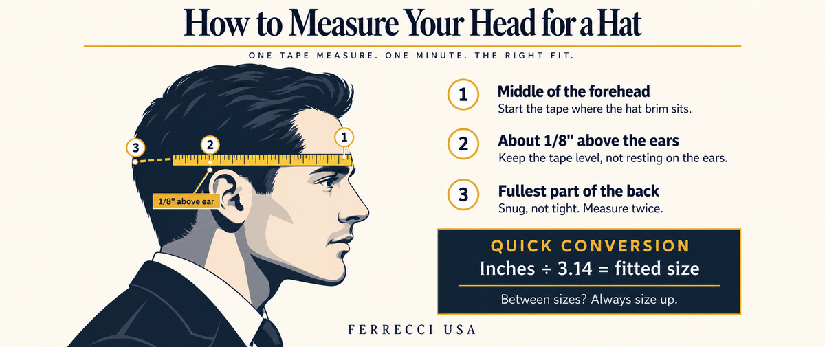 Man measuring his head for a hat with a tape measure – Ferrecci USA hat size guide
