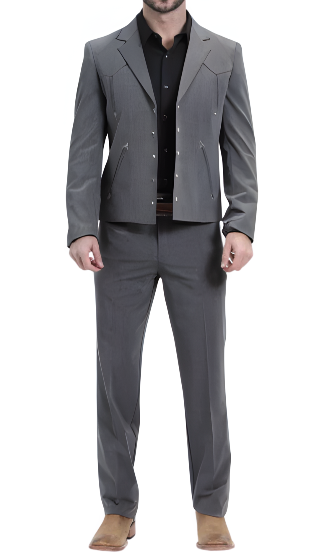 Men's charcoal Western suit by Ferrecci with front yoke, pearl snaps and arrowhead pocket details