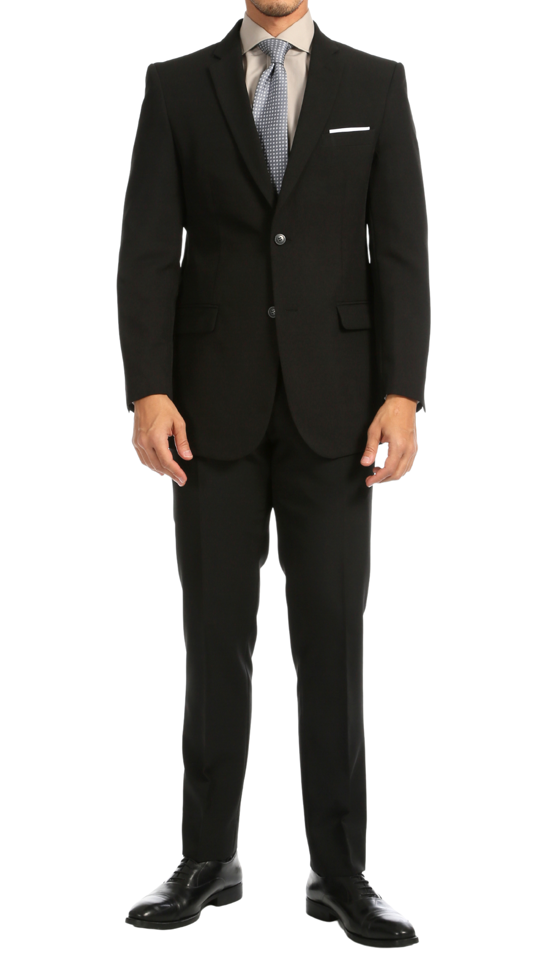 Man in a black big and tall two-piece suit, front view