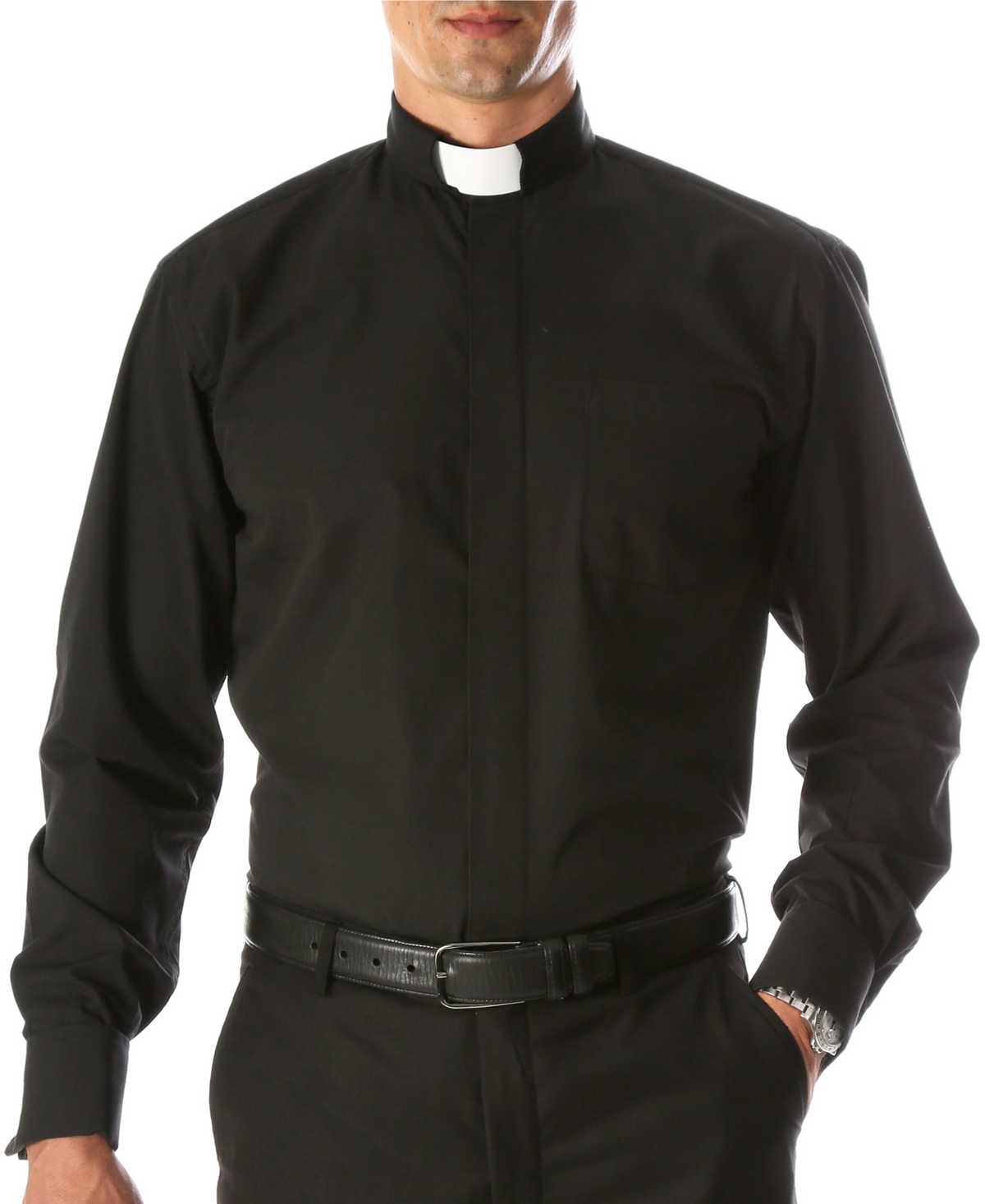 Ferrecci men's black clergy shirt with white tab collar