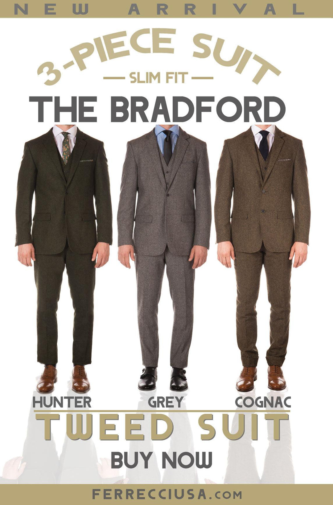 New Arrival - THE BRADFORD - 3 Piece Slim Fit Tweet Suit - Ferrecci USA 
