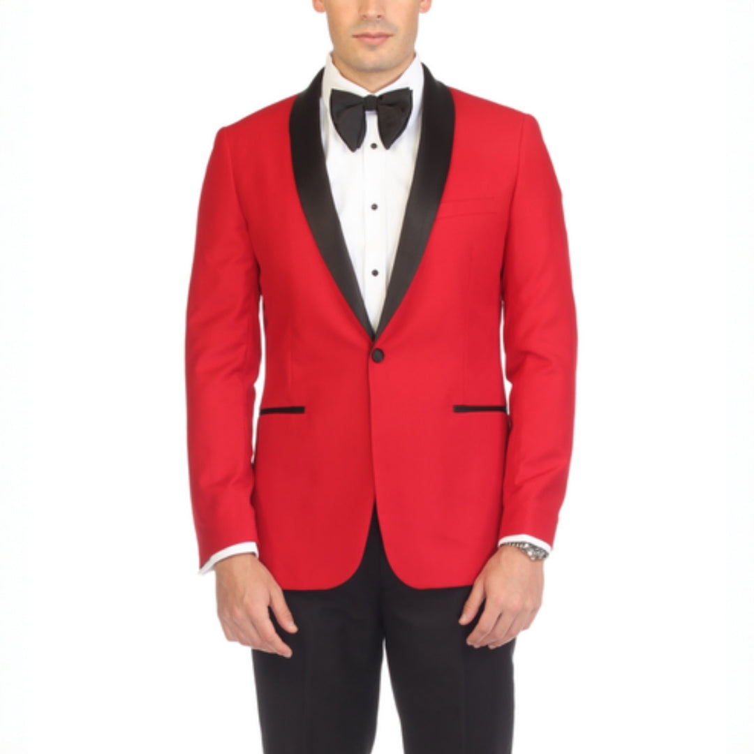 Ferrecci Reno Red/Black Slim Fit Shawl Lapel Tuxedo - front close-up