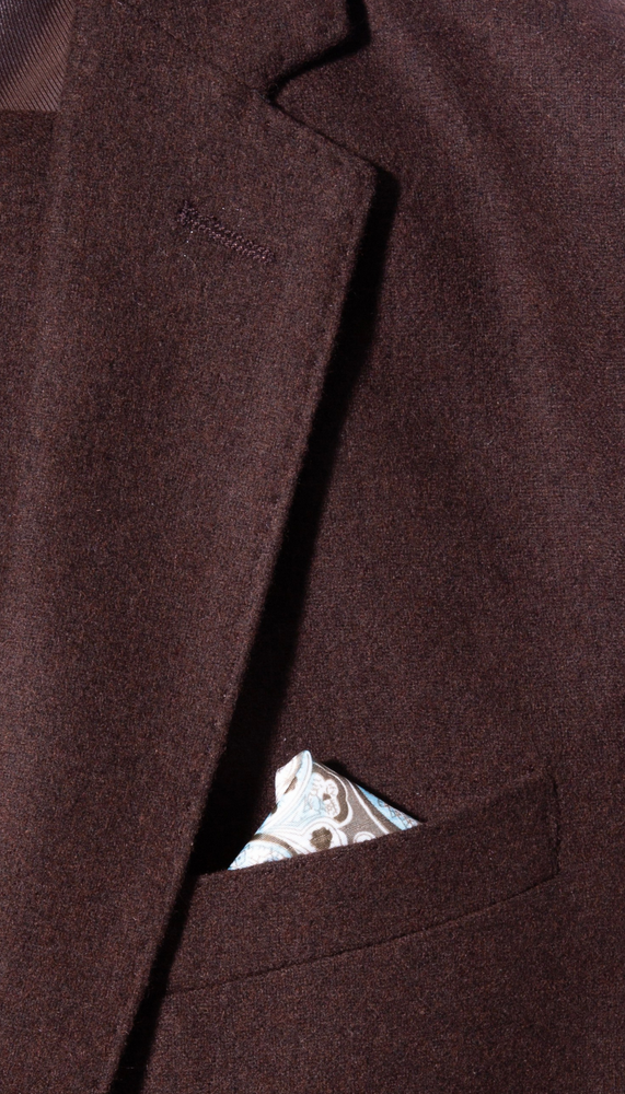 Belmont Notch Lapel Tweed Rich Brown Suit With Peak Stiching. detail