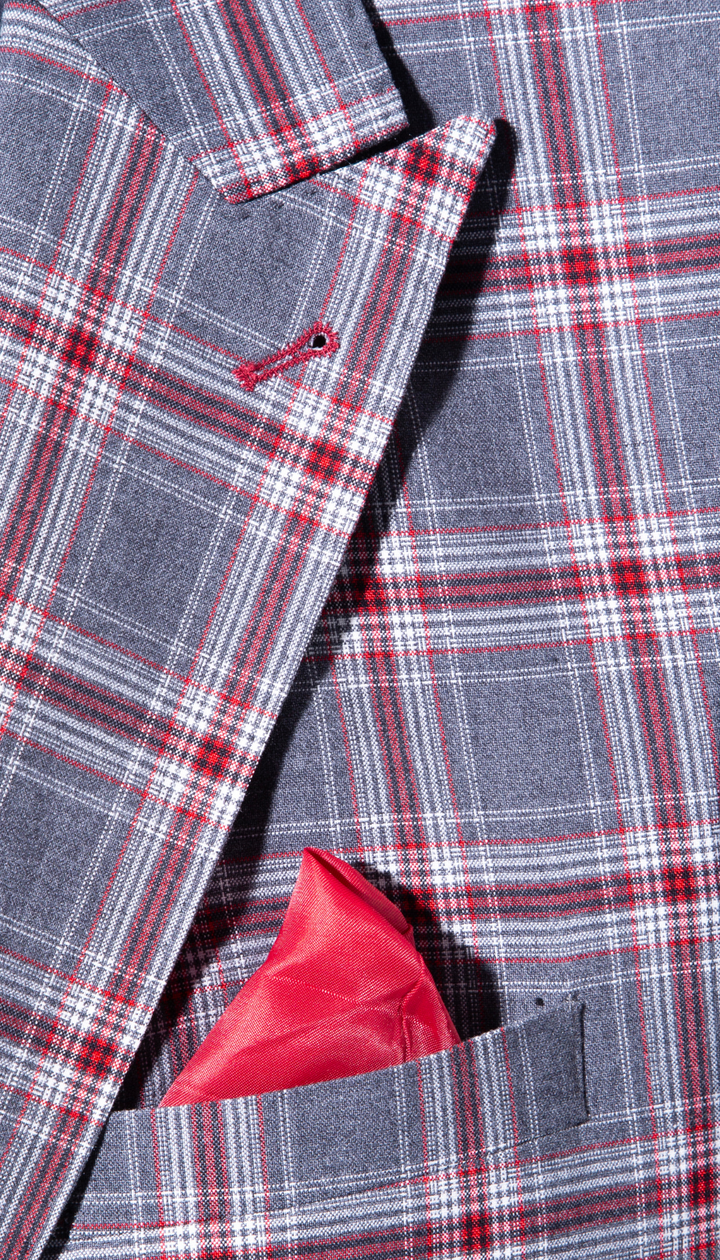 The Kingston Mens Grey/Red Checker Slim Fit 3 Piece Suit