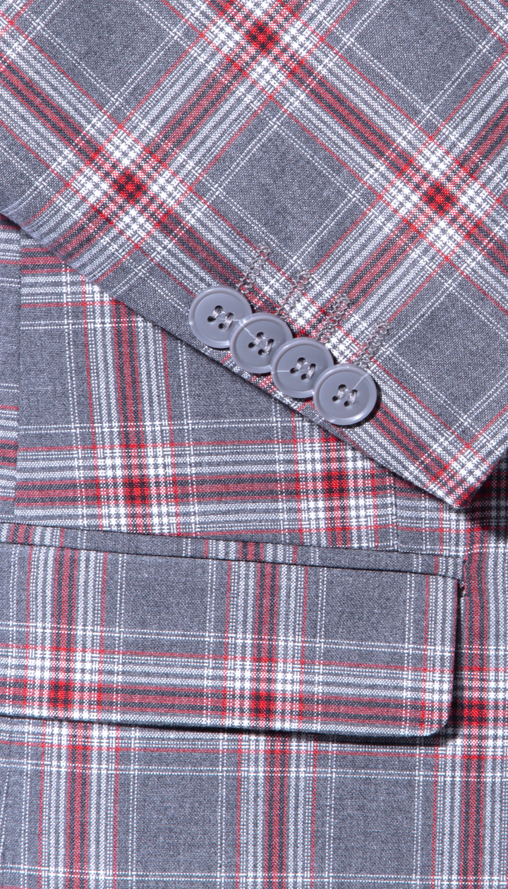 The Kingston Mens Grey/Red Checker Slim Fit 3 Piece Suit