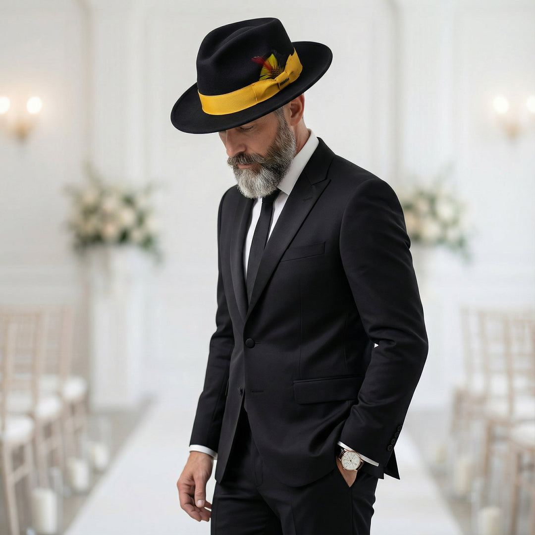 Crushable Black/Gold 100% Australian Wool Fedora Hat display picture 1