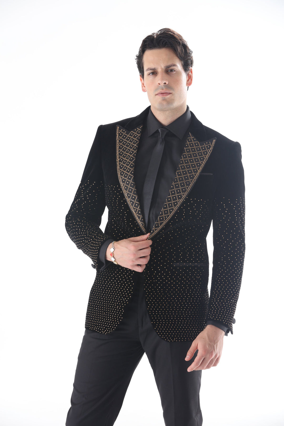 bridesmaid dresses golden yellow Mens Velvet Black Peak Lapel Blazer With Gold Rhinestone Accent