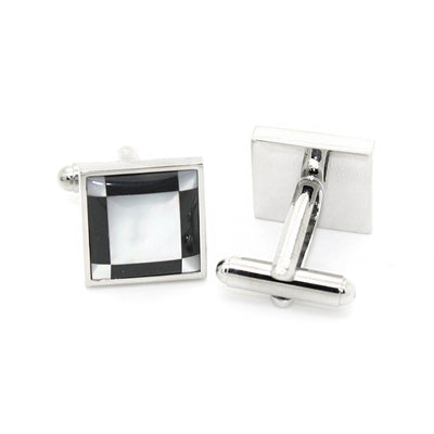 Silvertone Black and White Square Cuff Links With Jewelry Box - FHYINC