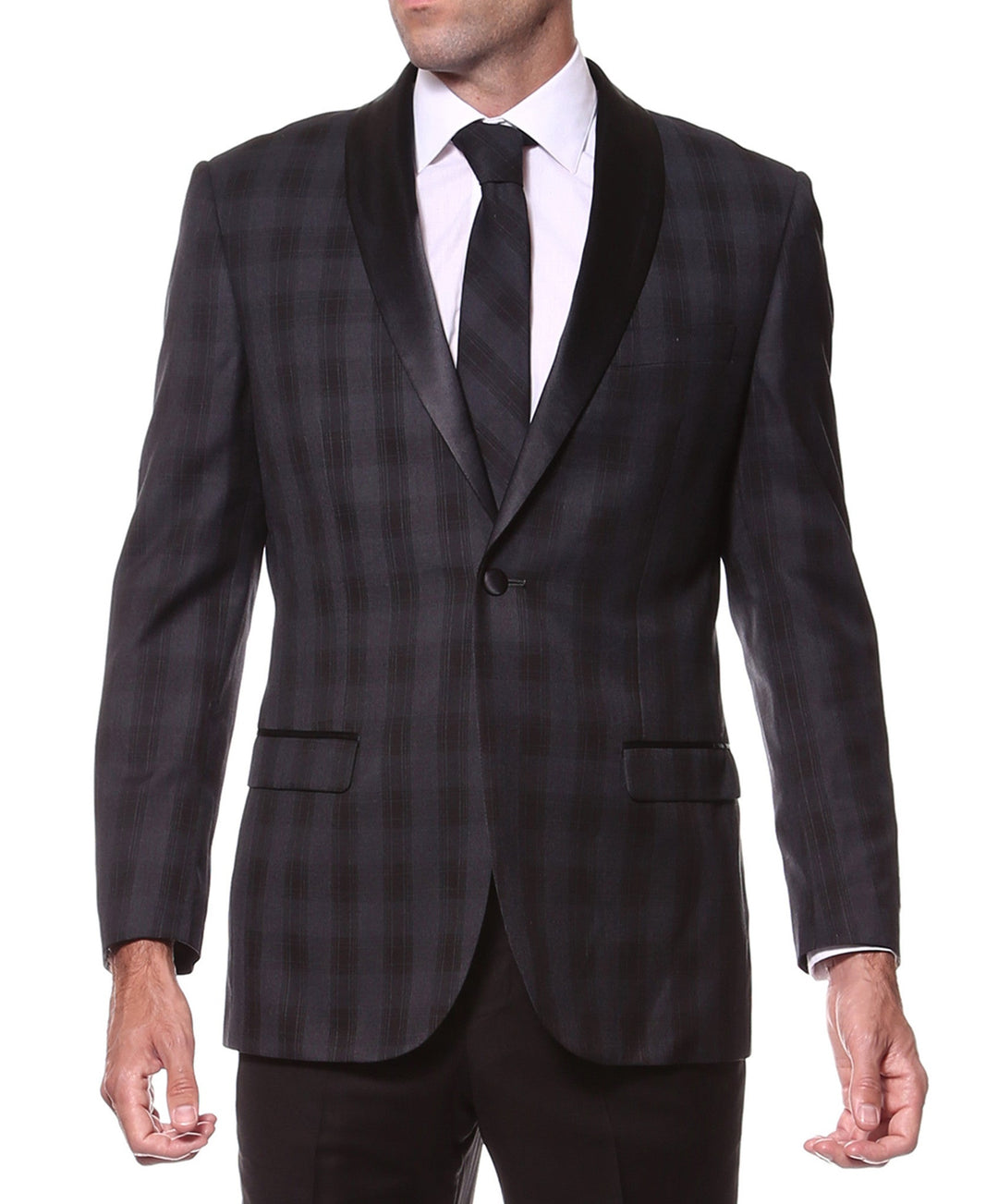 The Astor Black Plaid Slim Shawl Tuxedo Blazer - FHYINC best men&