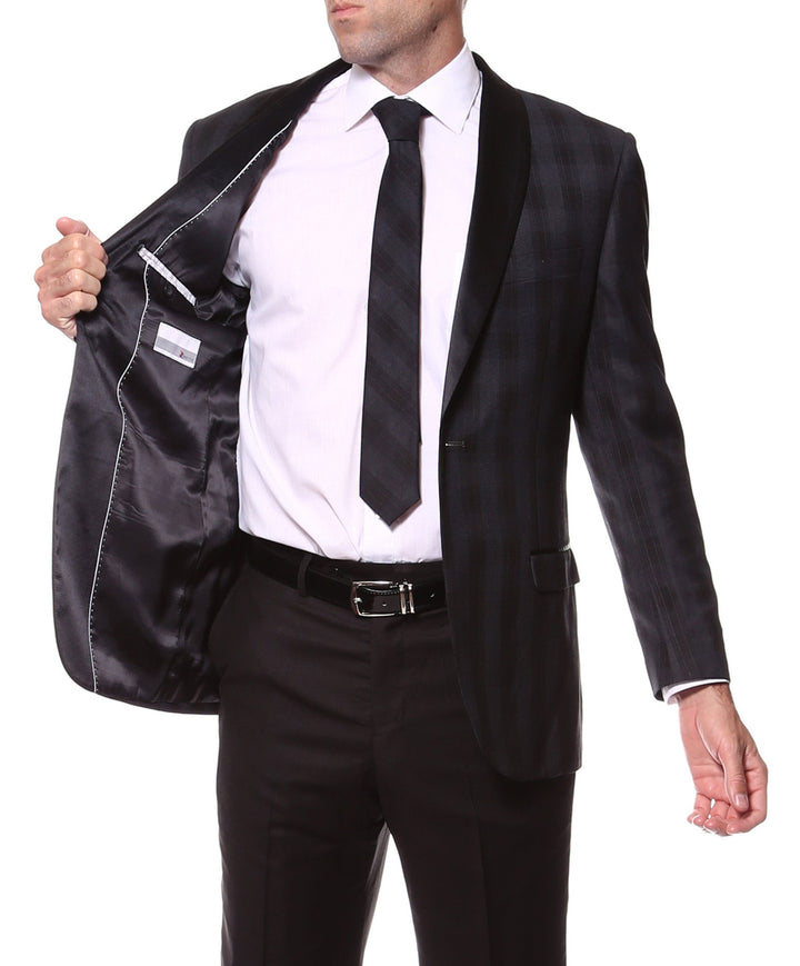 The Astor Black Plaid Slim Shawl Tuxedo Blazer - FHYINC best men&