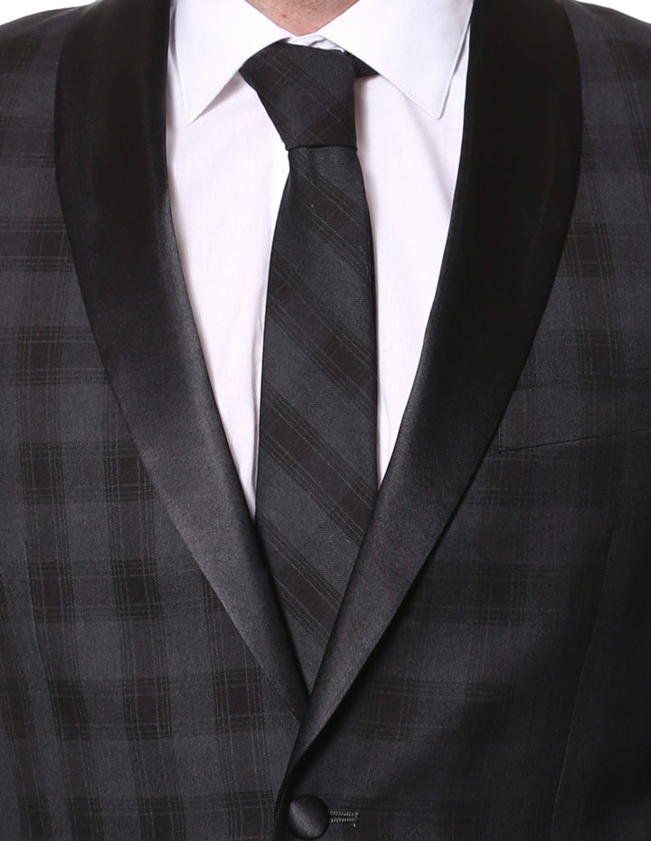 The Astor Black Plaid Slim Shawl Tuxedo Blazer - FHYINC best men&