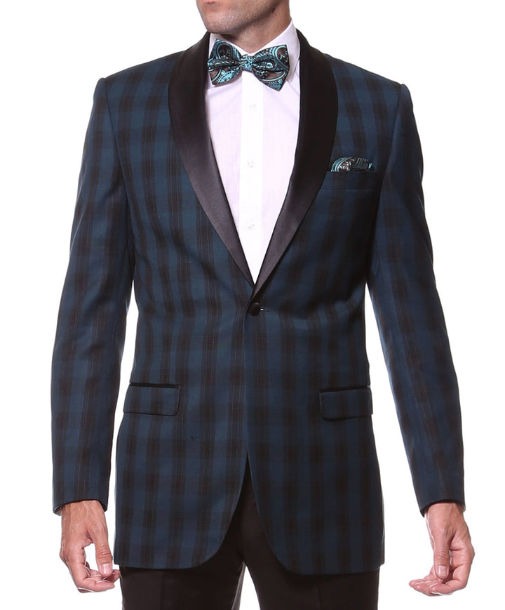 The Astor Teal Plaid Slim Shawl Tuxedo Blazer - FHYINC best men&