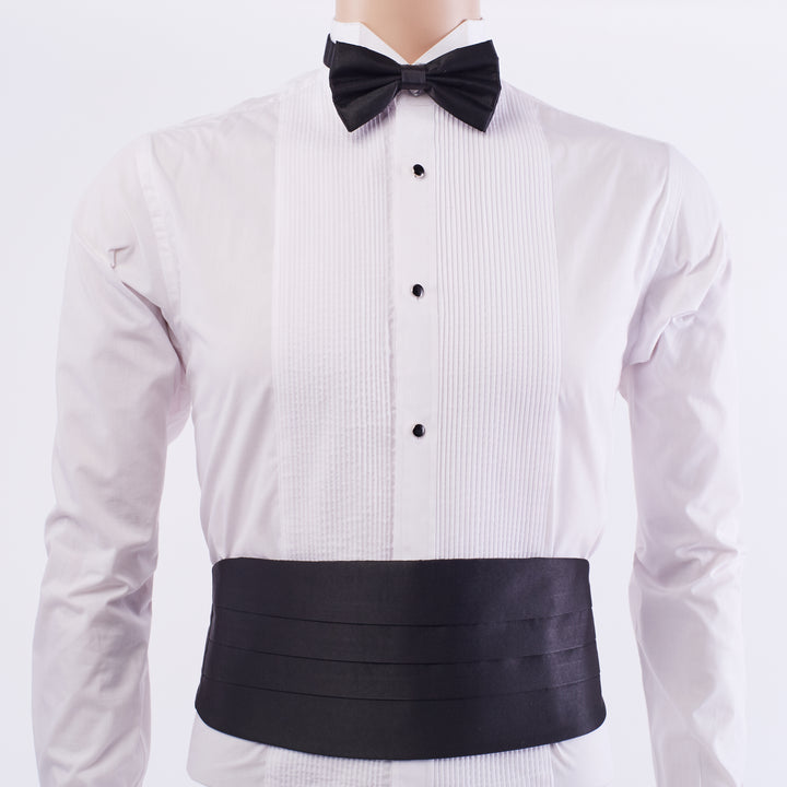 Ferrecci Satin Bow Tie &amp; Cummerbund Set – Black, worn with tuxedo shirt
