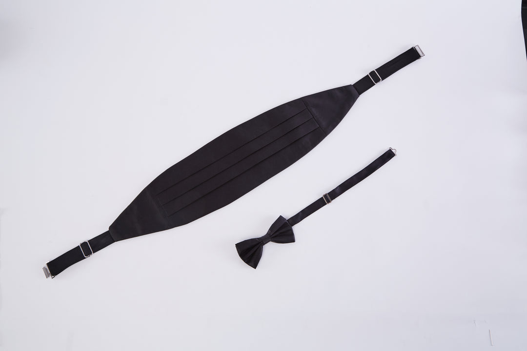 Ferrecci Satin Bow Tie &amp; Cummerbund Set – Black, full set flat lay