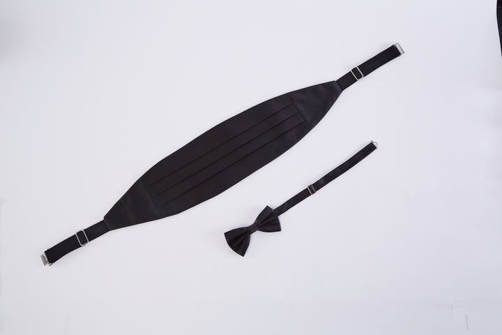 Ferrecci Satin Bow Tie &amp; Cummerbund Set – Black, full set flat lay