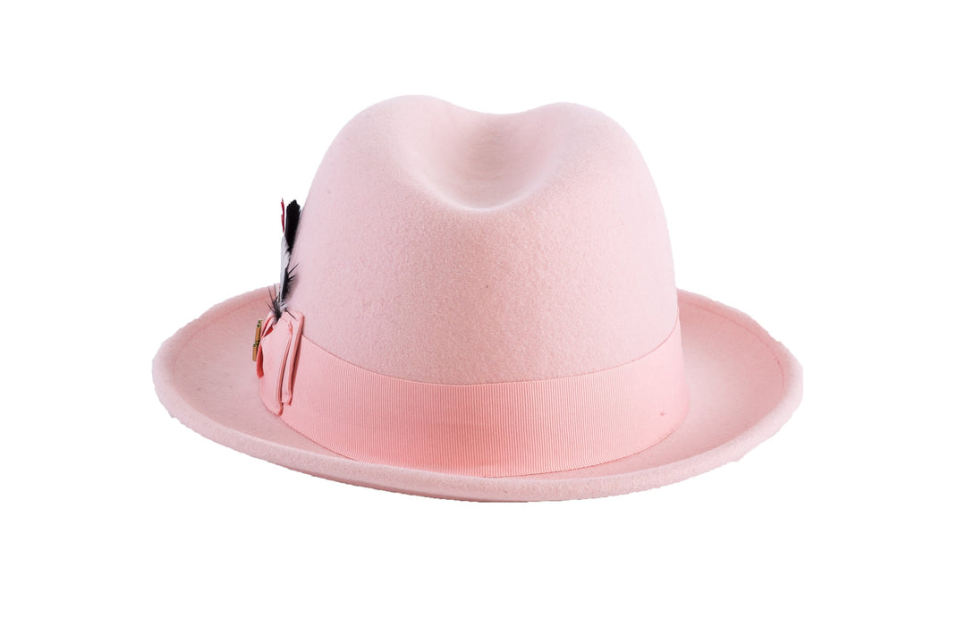 Ferrecci Brooks Trilby Soft 100% Australian Wool Felt Body with Removable Feather pink hat Great for Travel