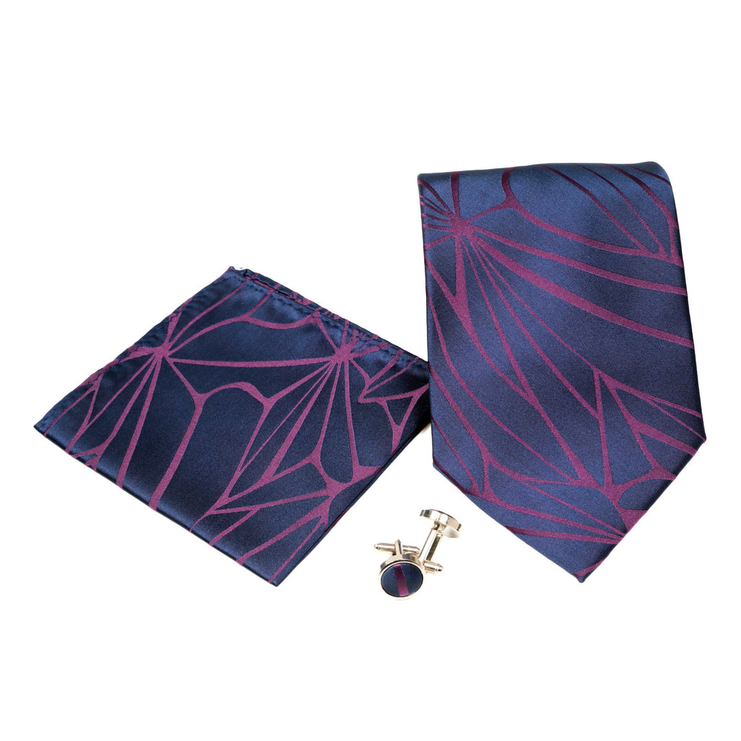 Men's Navy Burgundy Geometric Pattern Design 4-pc Necktie Box Set - FHYINC best men's suits, tuxedos, formal men's wear wholesale