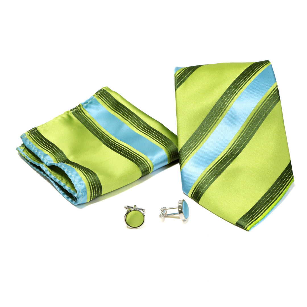 Men's Shiny Green-Turquoise Striped Design 4-pc Necktie Box Set - FHYINC best men's suits, tuxedos, formal men's wear wholesale