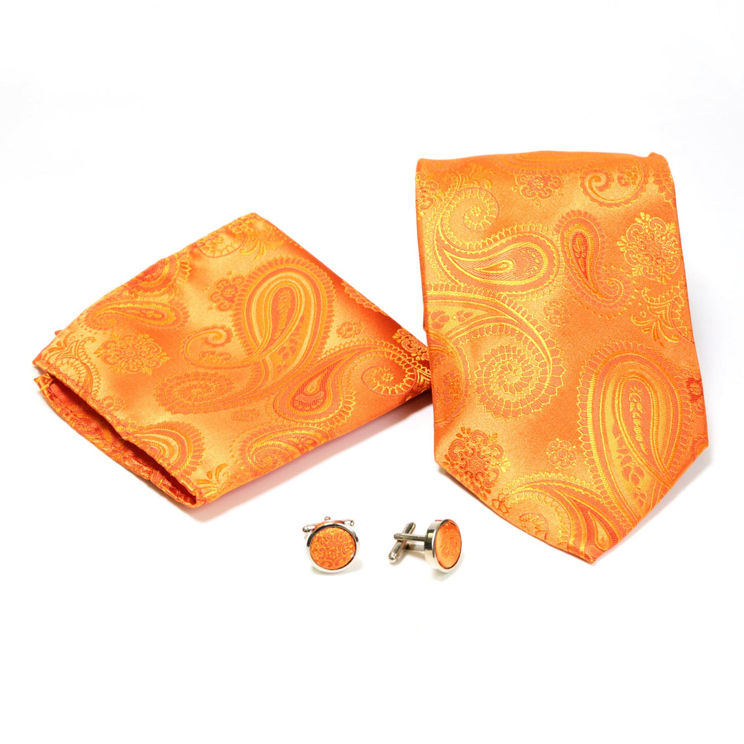 Men's Radiant Orange Paisley Geometric Design 4-pc Necktie Box Set - FHYINC best men's suits, tuxedos, formal men's wear wholesale
