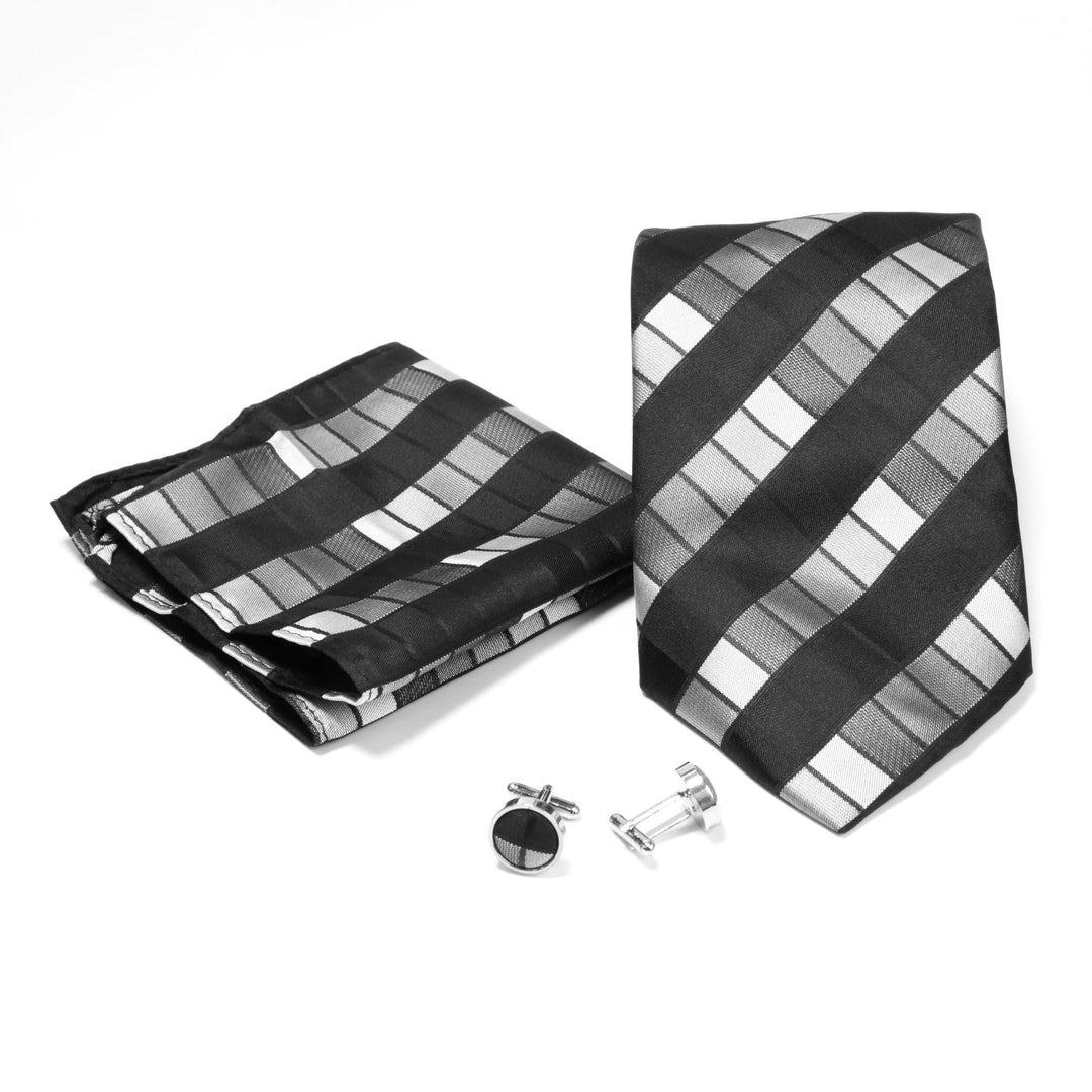 Men's Shiny Black& White Cross-Striped Design 4-pc Necktie Box Set - FHYINC best men's suits, tuxedos, formal men's wear wholesale