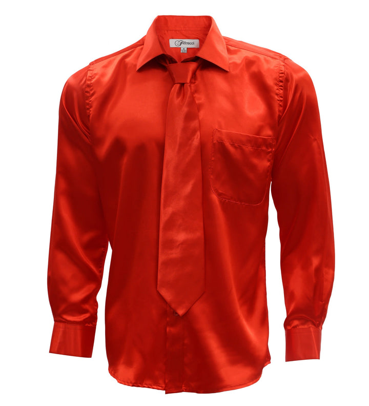 Burnt Red Satin Regular Fit Dress Shirt, Tie &amp; Hanky Set - FHYINC best men&