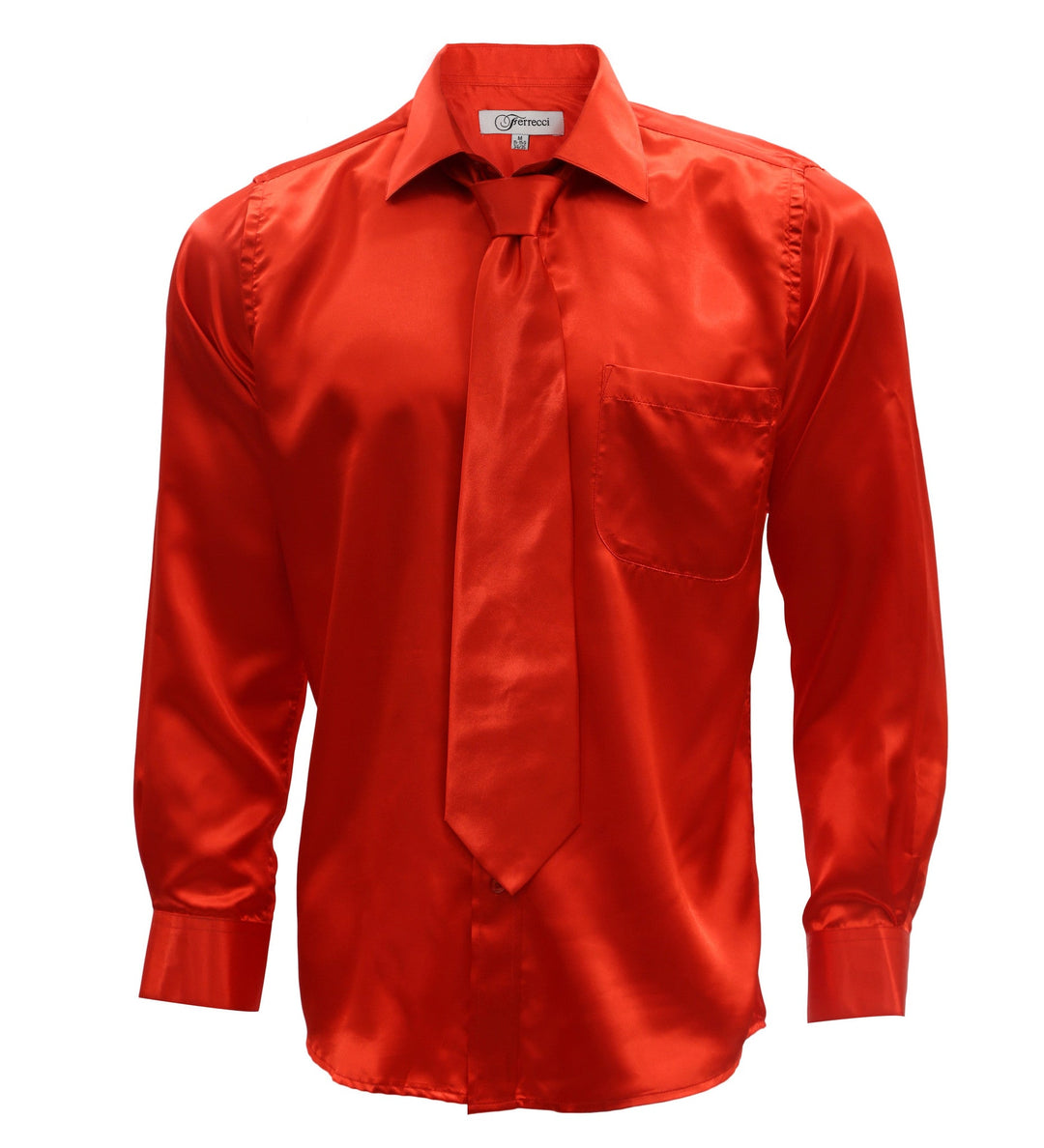 Burnt Red Satin Regular Fit Dress Shirt, Tie & Hanky Set 18 2XLarge 34-35 Sleeve