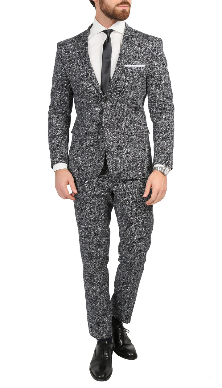 Chicago Slim Fit Black &amp; White Spotted Notch Lapel Suit - FHYINC best men&