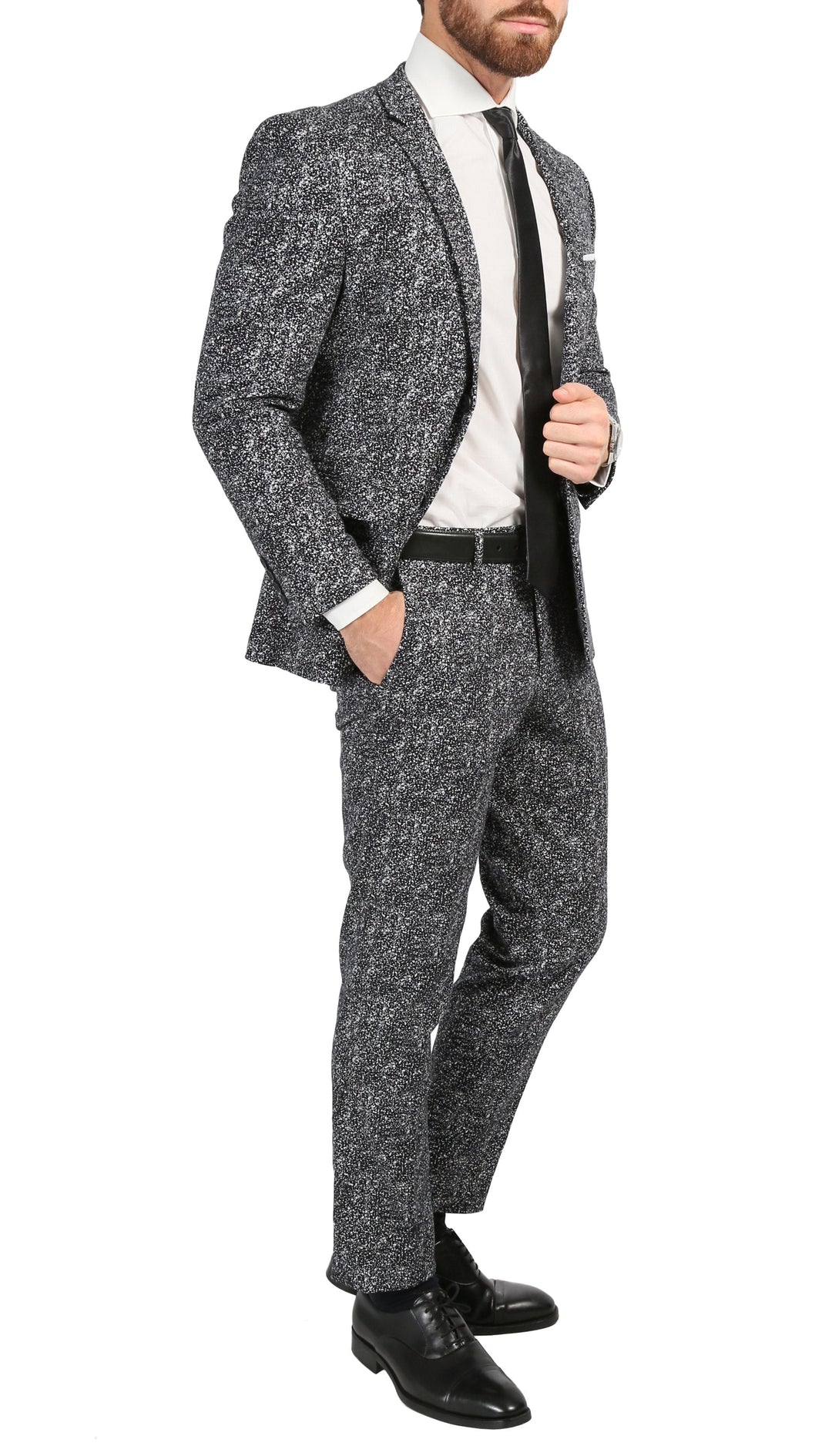 Chicago Slim Fit Black &amp; White Spotted Notch Lapel Suit - FHYINC best men&