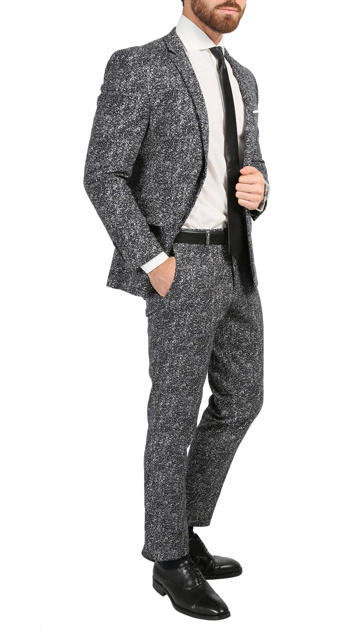 Chicago Slim Fit Black &amp; White Spotted Notch Lapel Suit - FHYINC best men&