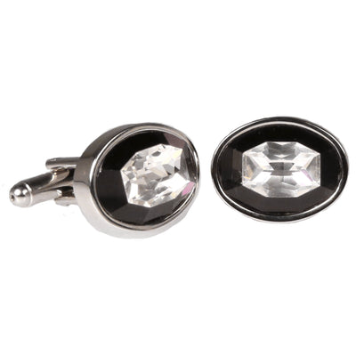 Silvertone Circle Black Stone Cufflinks with Jewelry Box - FHYINC best men's suits, tuxedos, formal men's wear wholesale