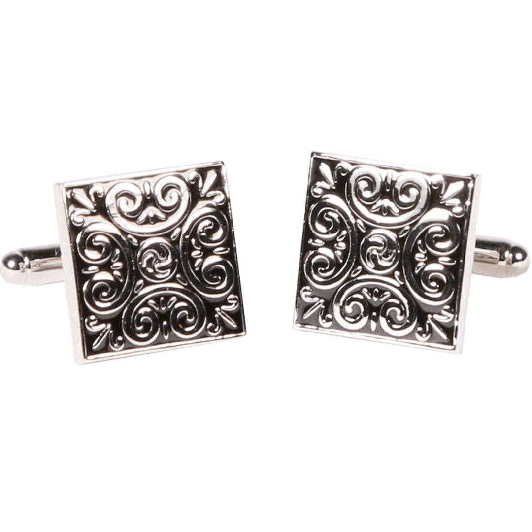 Silvertone Square Black Geometric Cufflinks with Jewelry Box - FHYINC best men's suits, tuxedos, formal men's wear wholesale