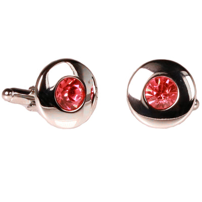 Silvertone Circle Pink Gemstone Cufflinks with Jewelry Box - FHYINC best men's suits, tuxedos, formal men's wear wholesale